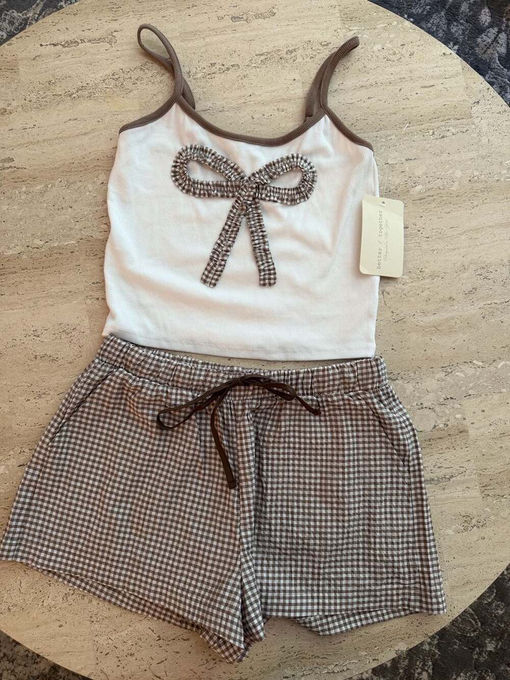 Better / Together Women's 2-Piece Gingham Bow Camisole and Shorts Loungewear Set
